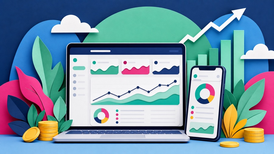 Illustrated investing platforms on laptop and mobile screens