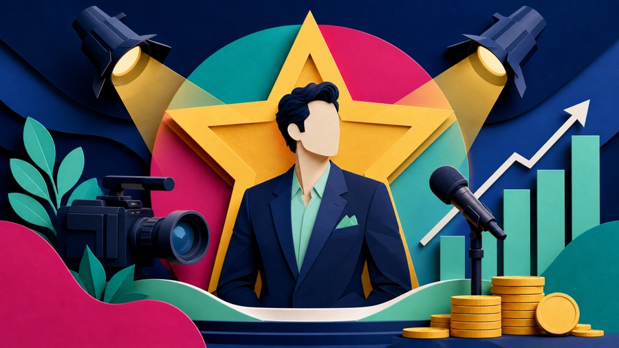 Illustrated celebrity media spotlight and wealth growth chart