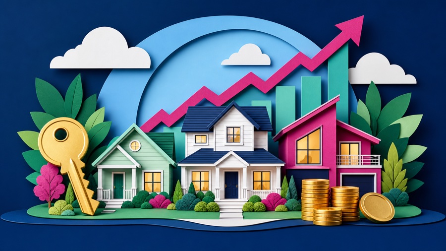 Illustrated homes, key, coins, and rising property values