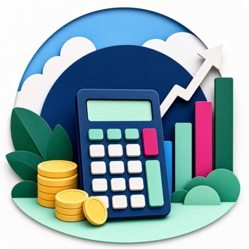 Illustrated financial calculator with coins and growth chart