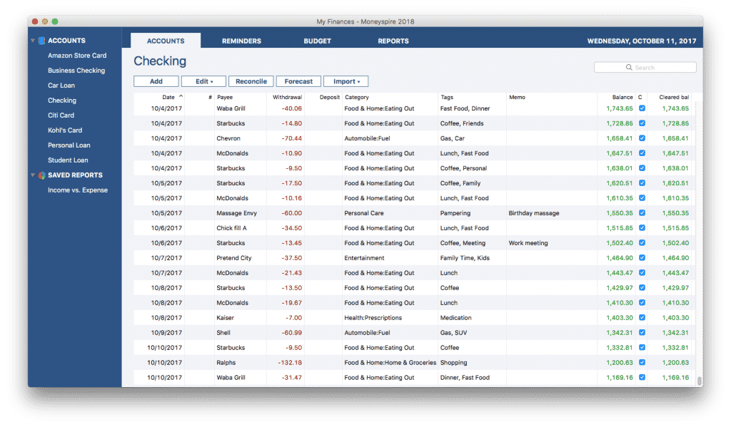 moneyspire features checking account register