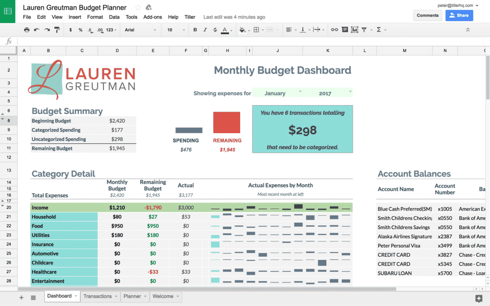 tiller money lauren greutman budget planner